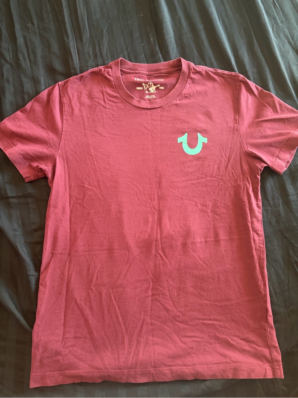 True Religion Maroon Short-Sleeve Crew Tee with Teal Logo